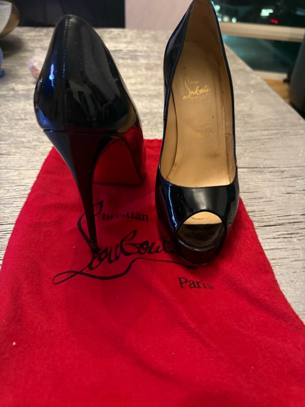 Christian Louboutin Black Patent Peep-Toe Platform Pumps with Red Soles